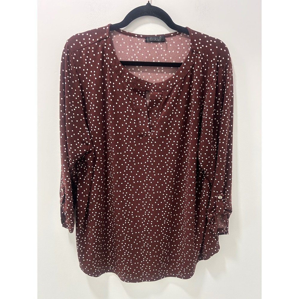 Cure Burgundy Polka Dot Roll Tab Sleeve Blouse Split Neck 2XL Q3-2637